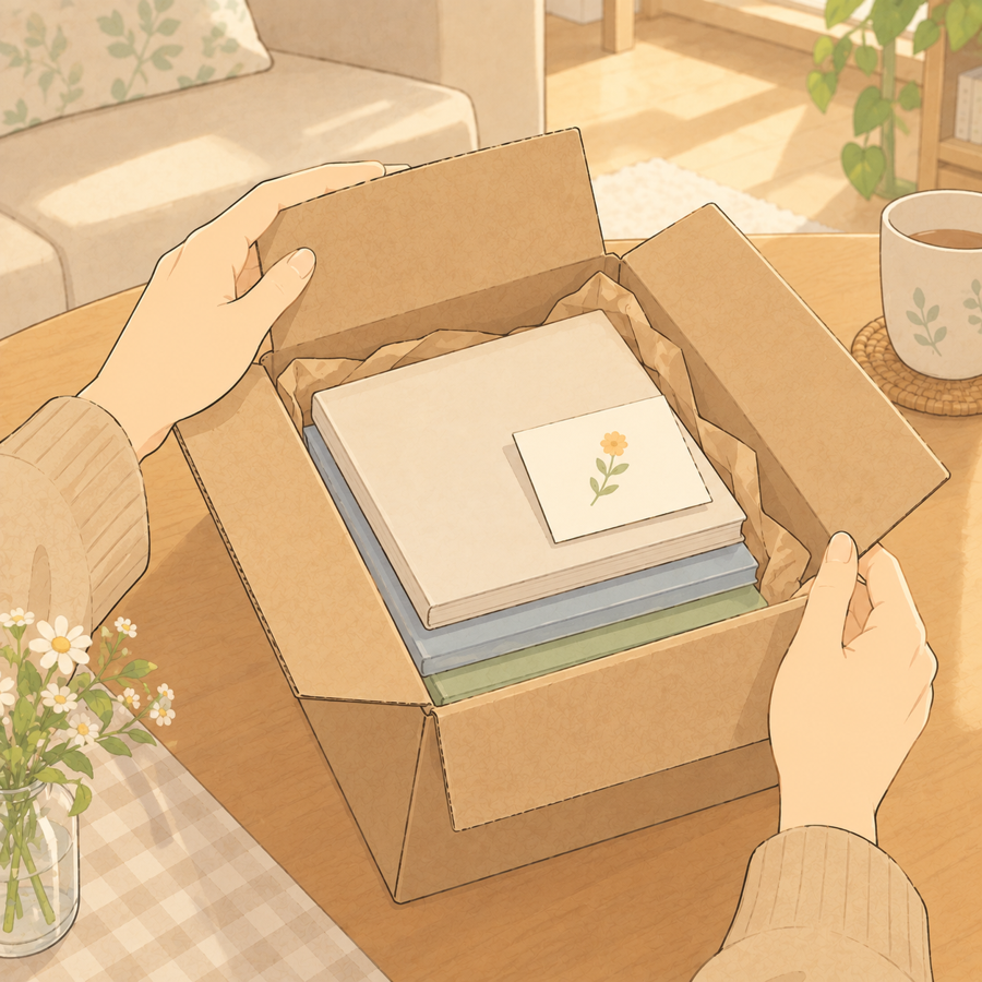 姉から届いた本の小包を開ける手元のイラスト