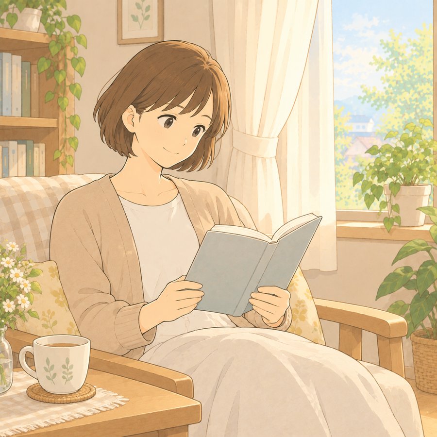 窓辺で一人静かに本を読む母のイラスト