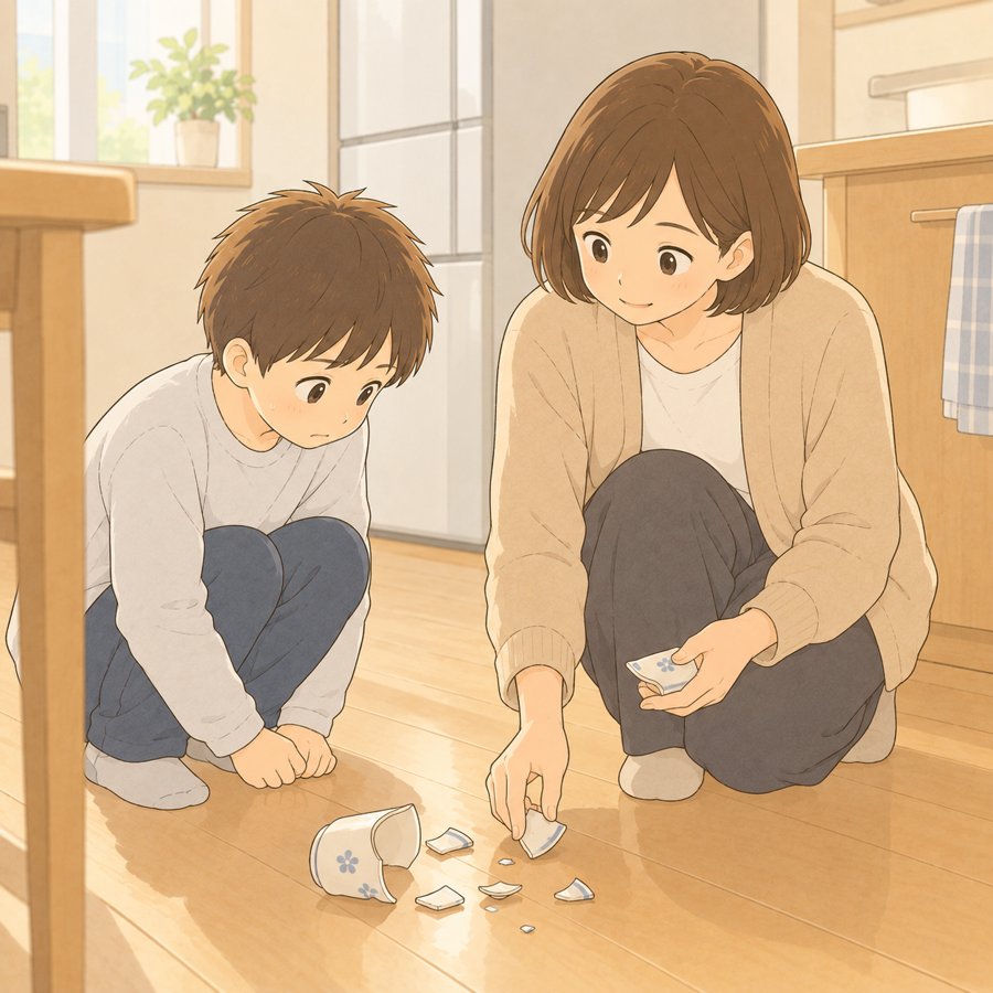 割れたコップを一緒に片付ける母と子のイラスト