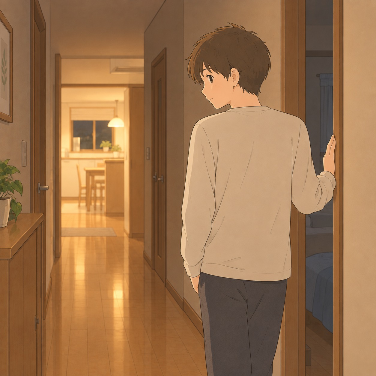 夜の廊下。部屋へ戻る途中で少し立ち止まる高校生の後ろ姿