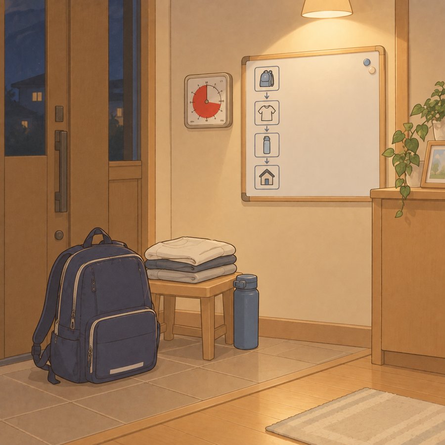 前夜に玄関へ用意された通学カバンと服とタイマーのイラスト