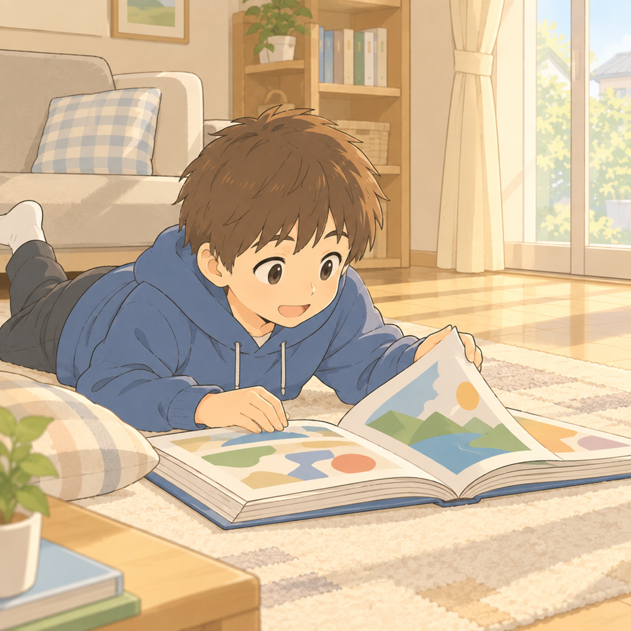 リビングの床に寝そべり、好きなゲームの図鑑に夢中になる次男