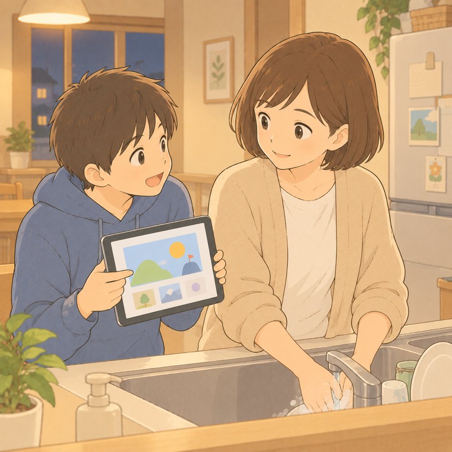 台所で家事中の母にタブレットを見せて話す中学生のイラスト