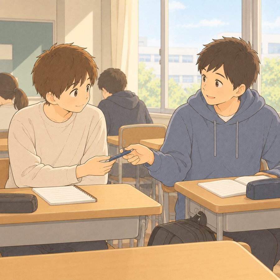 高専の教室で隣の学生にペンを借りる長男のイラスト