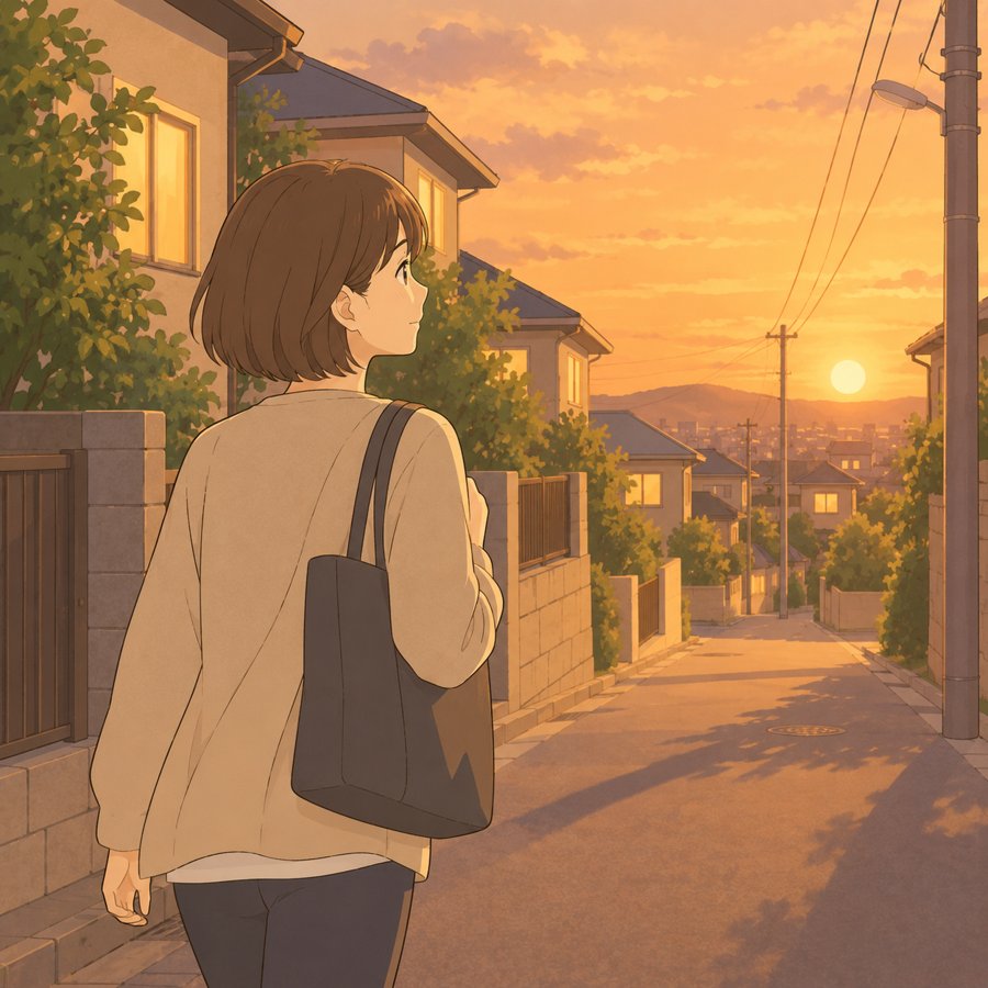夕暮れの住宅街を、仕事帰りに歩いて帰る母