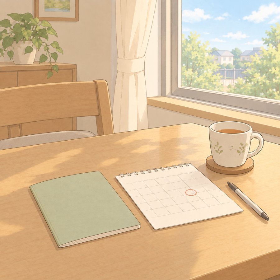 テーブルに置かれた手帳とカレンダーのイラスト
