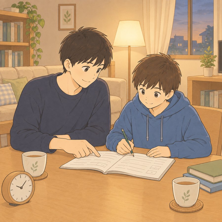 リビングで大学生の家庭教師に英語を教わる中学生のイラスト