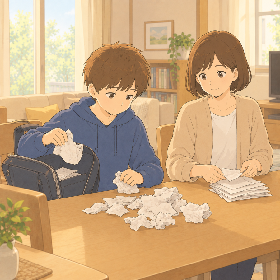 週末に通学カバンのプリントを母と一緒に確認する中学生のイラスト