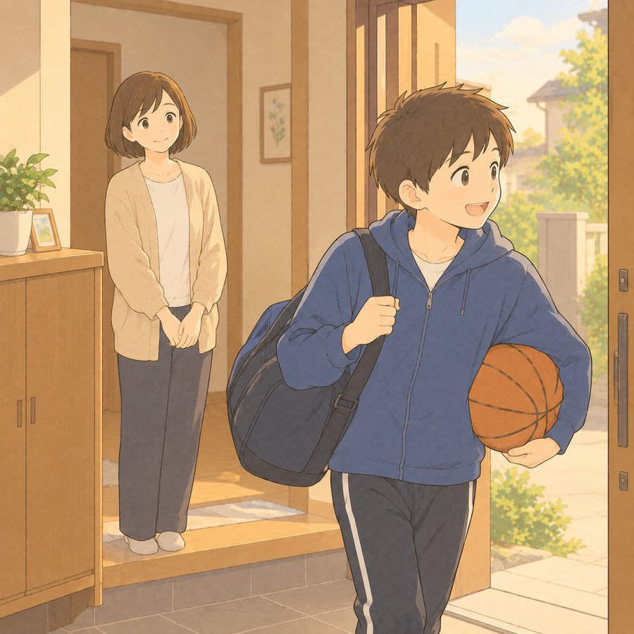 部活に出かける中学生とそれを見送る母のイラスト