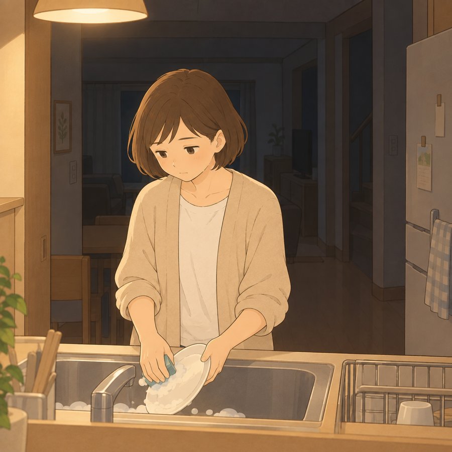 夜の台所で言葉を飲み込みながら洗い物をする母のイラスト