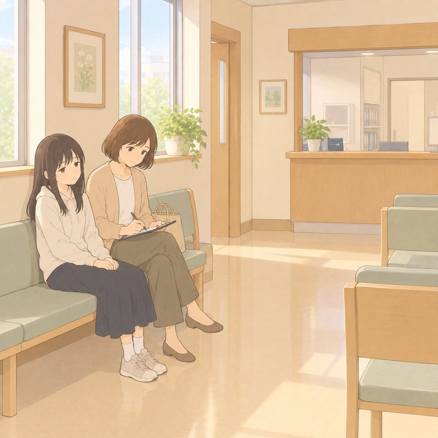 小児科の待合室で問診票を書く母と中学生の娘のイラスト