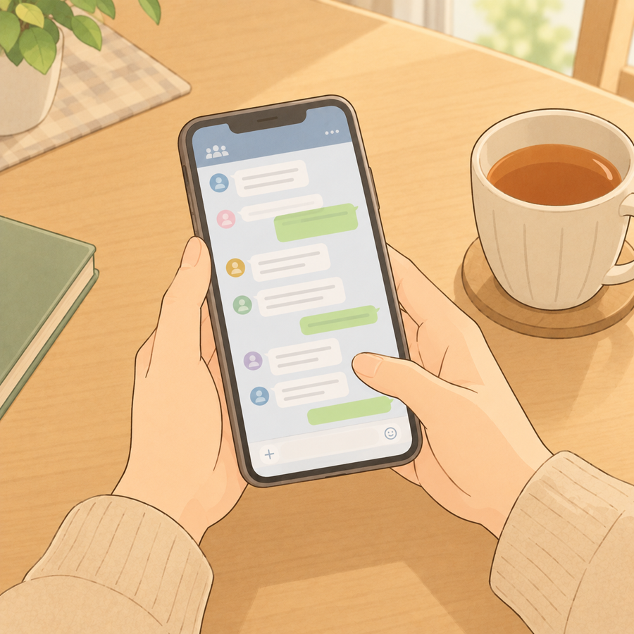 グループの通知を見て返信せずに置く母の手元のイラスト
