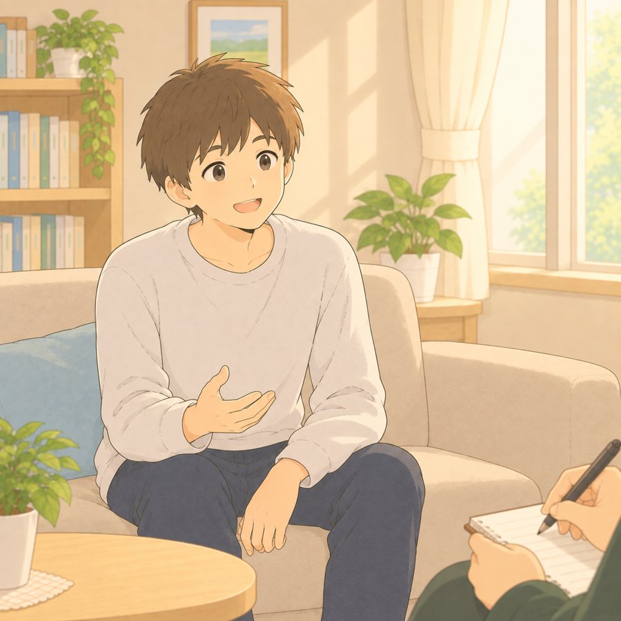 カウンセリングルームで、話を聞いてくれる人に楽しそうに話す長男(聞き手は手元だけ)