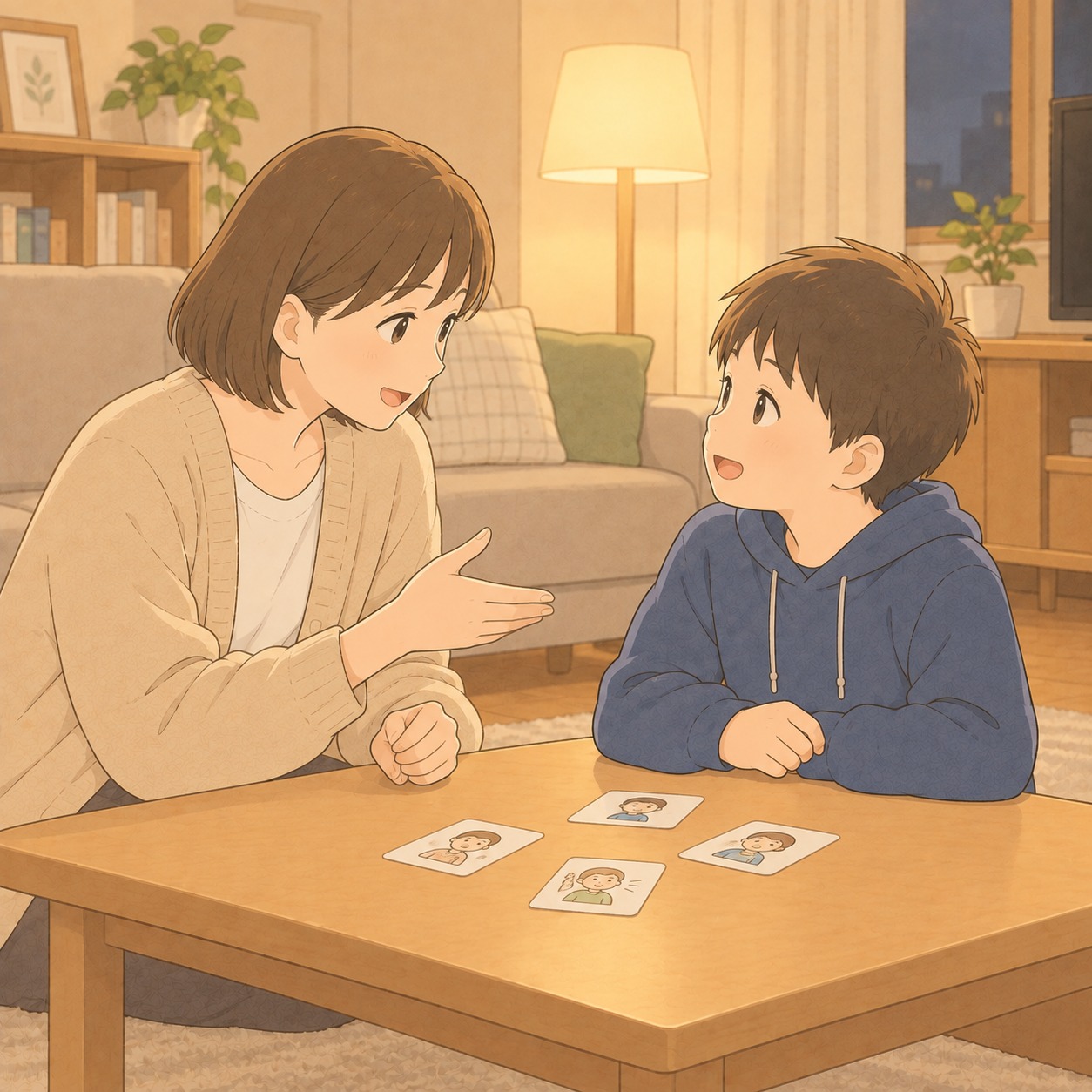 居間で会話の練習をする母と男の子。机に手描きのカード