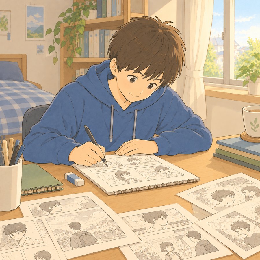 自分で考えたキャラクターの漫画を描く中学生のイラスト