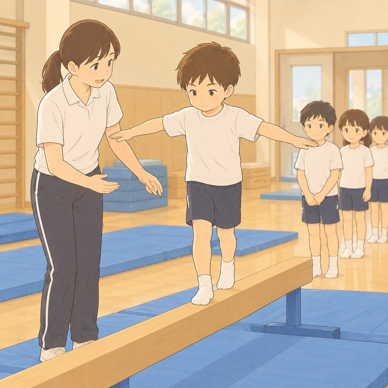 体操教室で平均台を渡る男の子と、手を添えずに見守るコーチ