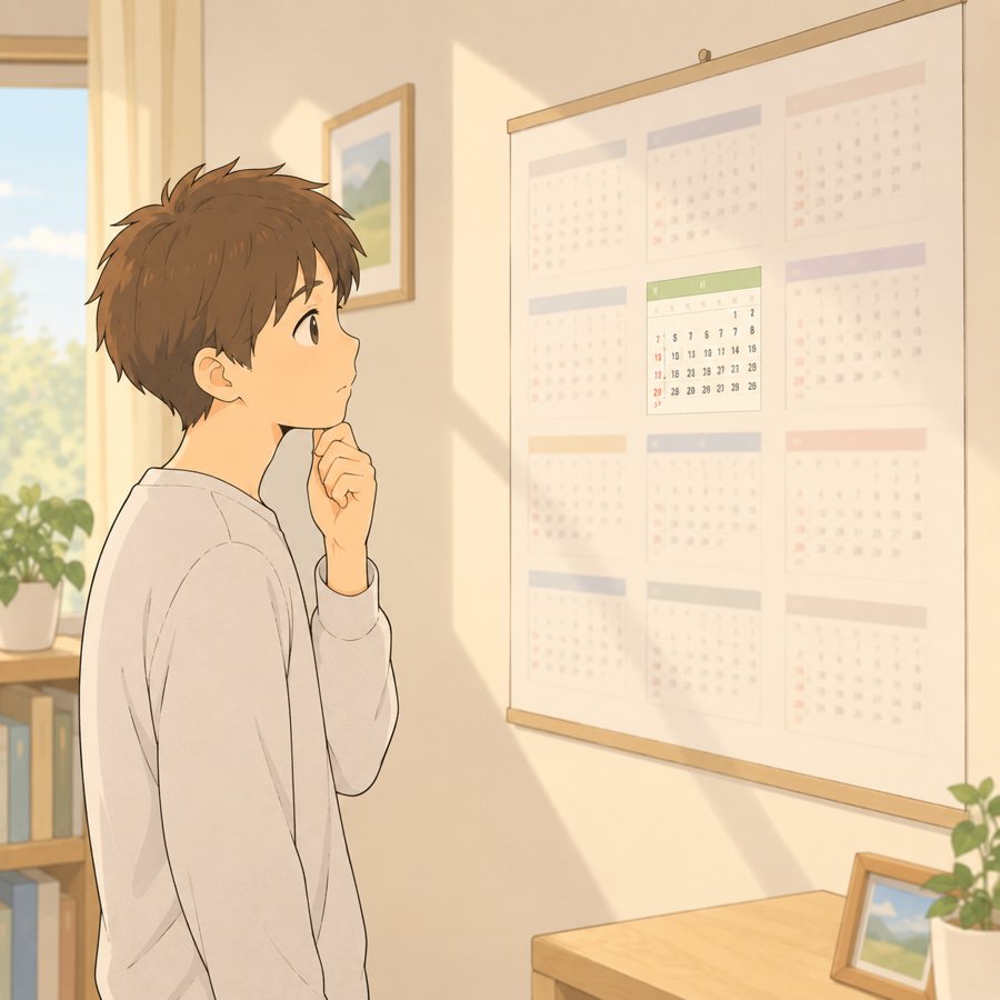 1年分の壁掛けカレンダーを見上げる長男。今月だけくっきり、先の月はぼやけている