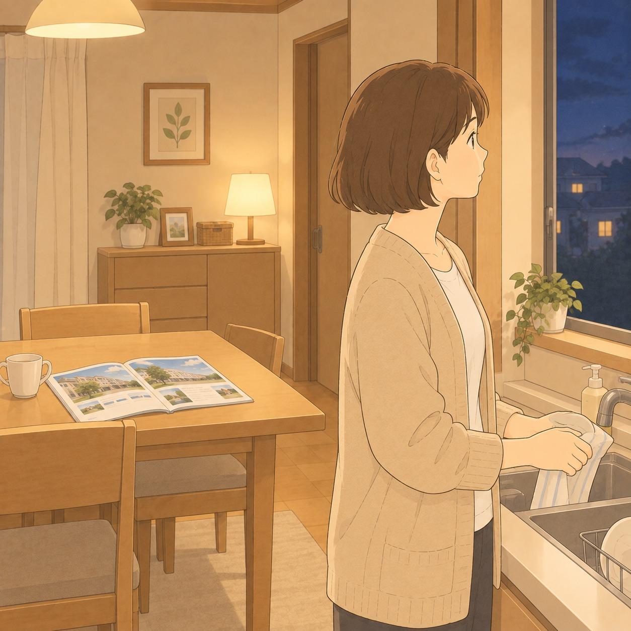 夜の台所。洗い物の手を止めて窓の外を見る母。テーブルには大学のパンフレット