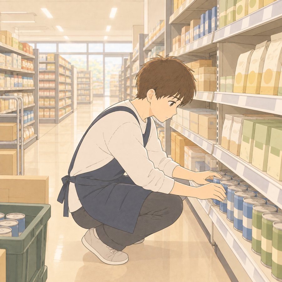 スーパーで品出しをする高校生のイラスト