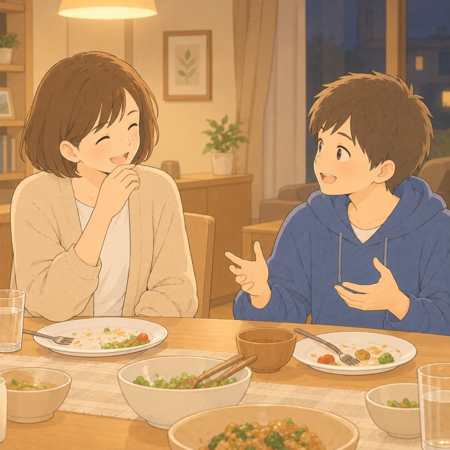 夕食の食卓で次男の話に笑う母のイラスト