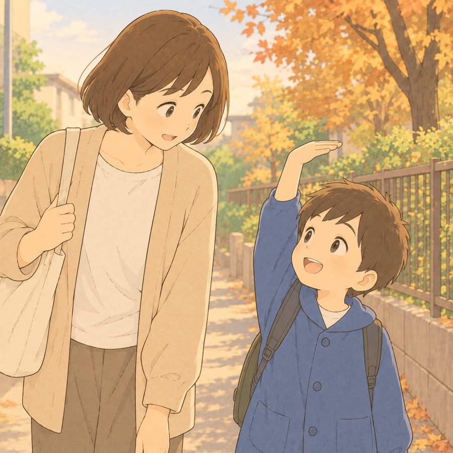 園の帰り道に友達の特徴を手で示す幼児と母のイラスト