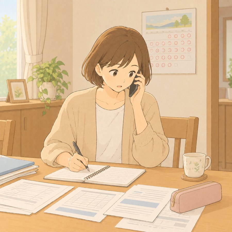 電話で手続きをしながらメモを取る母のイラスト