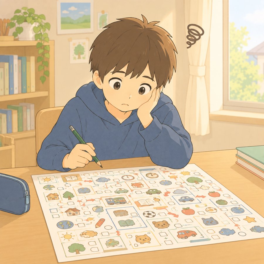絵や矢印でいっぱいのプリントを前に、どこから見ればいいか分からない男の子