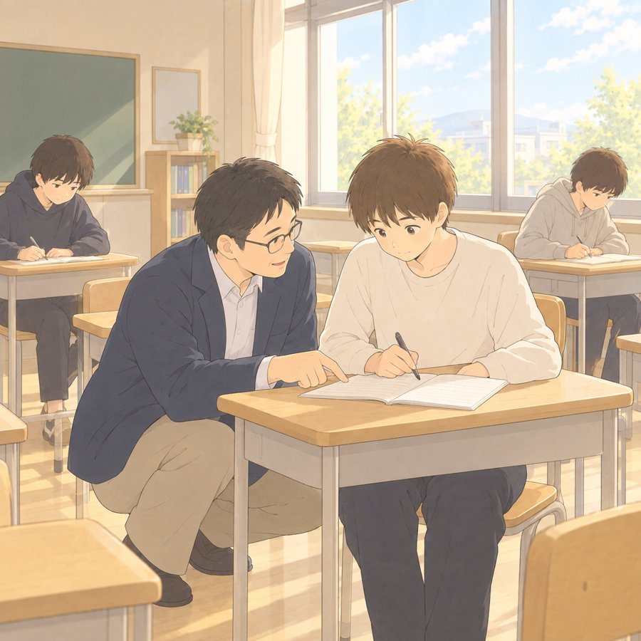 少人数の教室で先生に教わる高校生のイラスト