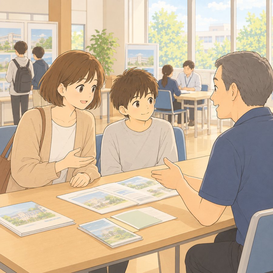 高専のオープンキャンパスの相談コーナーで質問する母と中学生のイラスト