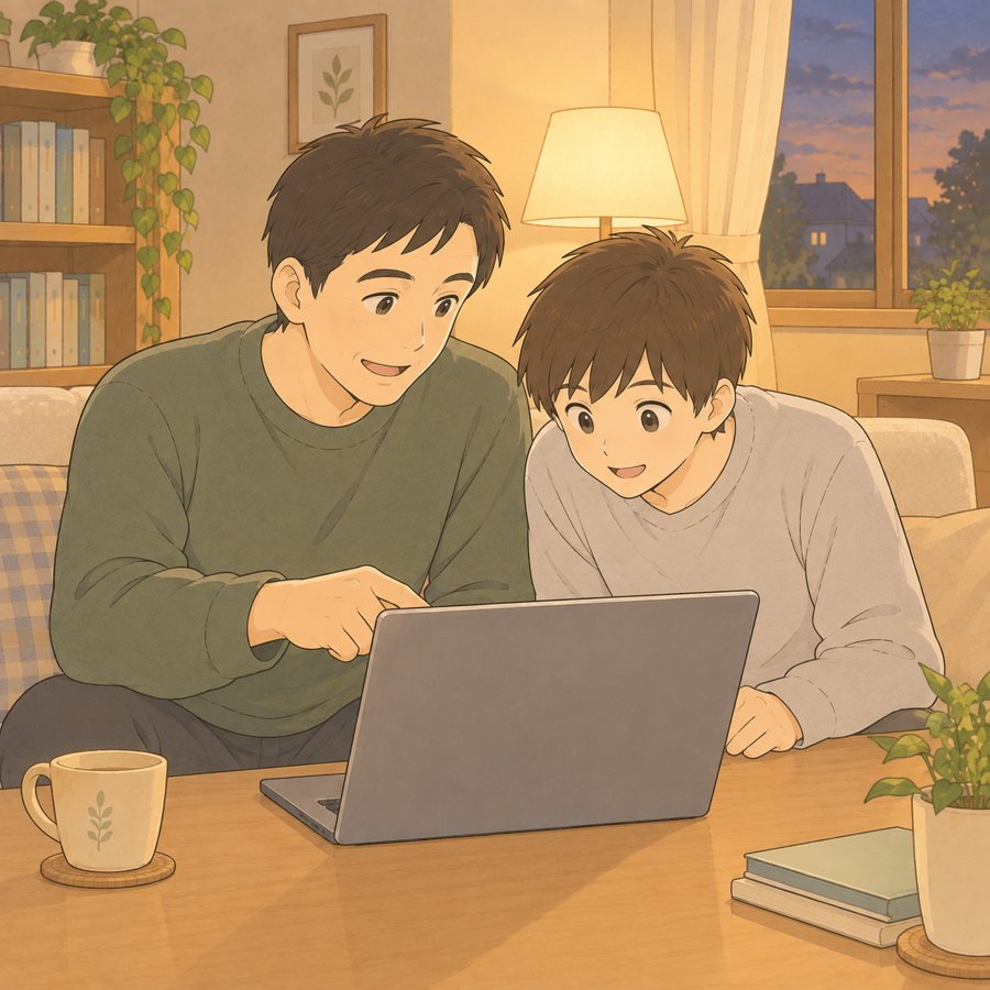 父親がパソコンの画面を息子に見せるイラスト