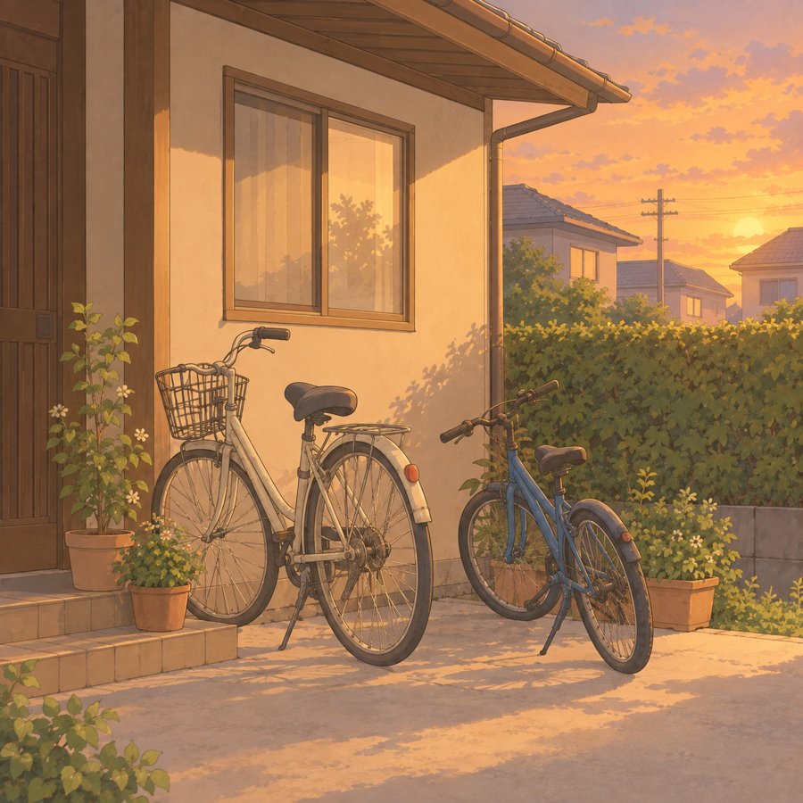 家の前に並んで停めてある兄弟の自転車2台のイラスト
