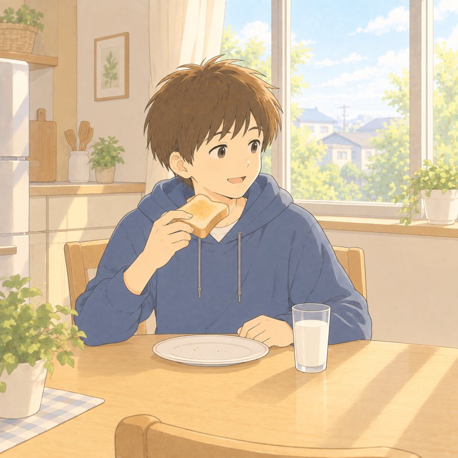 明るい朝の台所でトーストを食べる中学生のイラスト