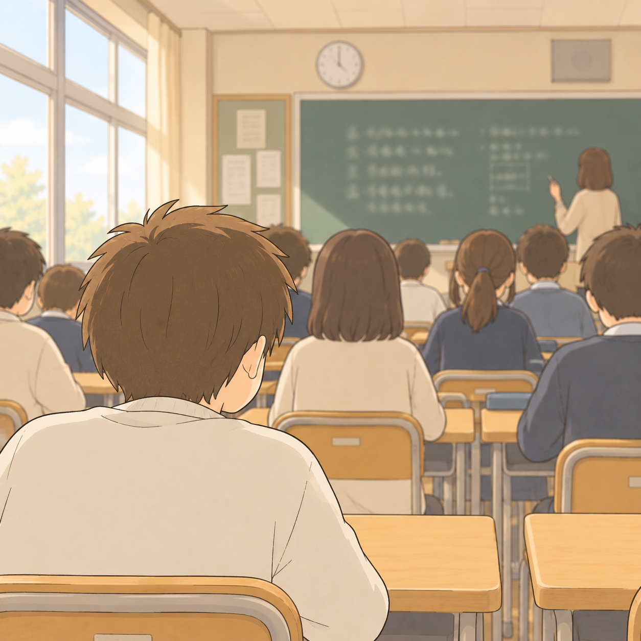 教室の一番後ろの席から見た黒板。文字がぼやけている