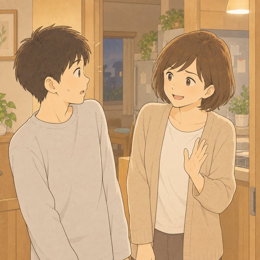 言い合いの途中で笑顔になる母と拍子抜けした息子のイラスト