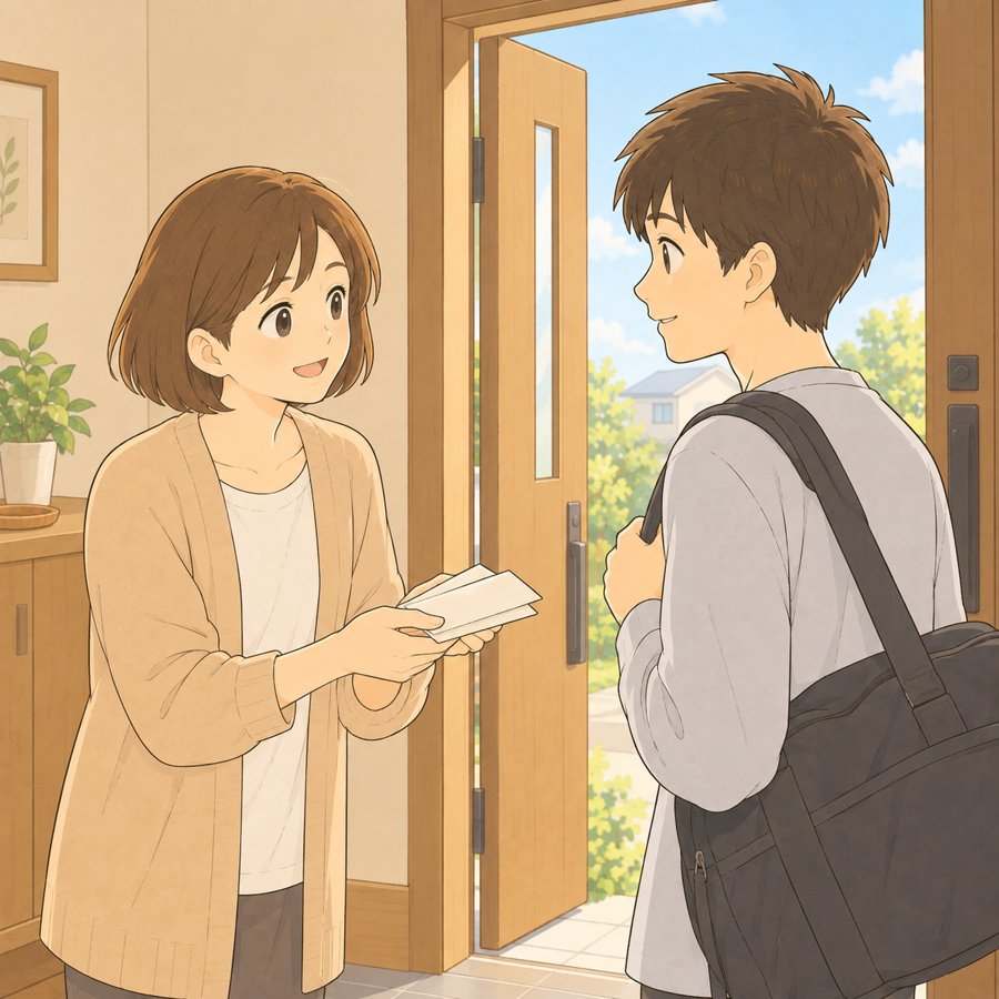 玄関で寮に戻る息子に封筒を渡す母のイラスト