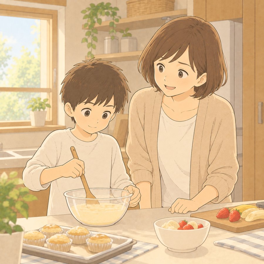 平日の昼に母と一緒におやつを作る小学生のイラスト