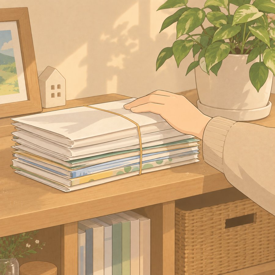 棚に積まれた、開けないままの教材の資料の束