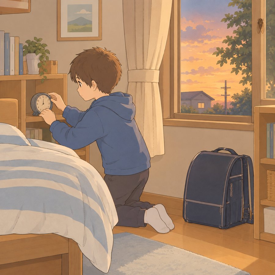 夏休みの終わりに自分で目覚まし時計をセットする子どものイラスト