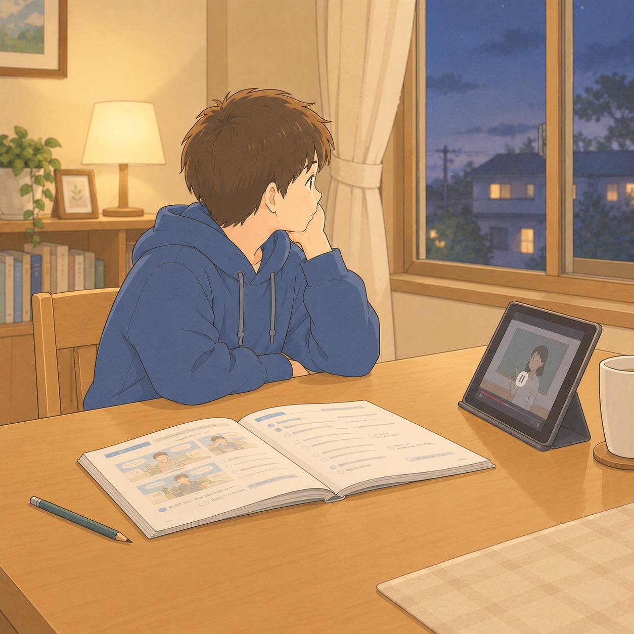 夜の食卓。開いたままの英語の教材と、窓の外を見ている中学生