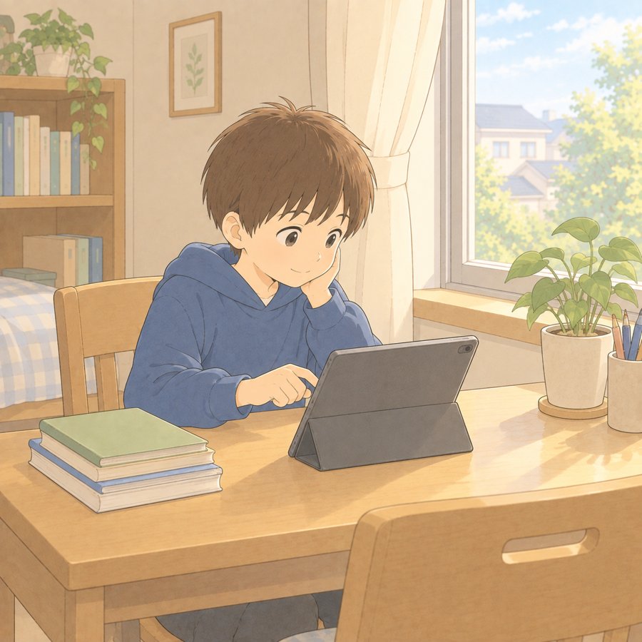 平日の昼に自宅の机でタブレット学習をする子どものイラスト