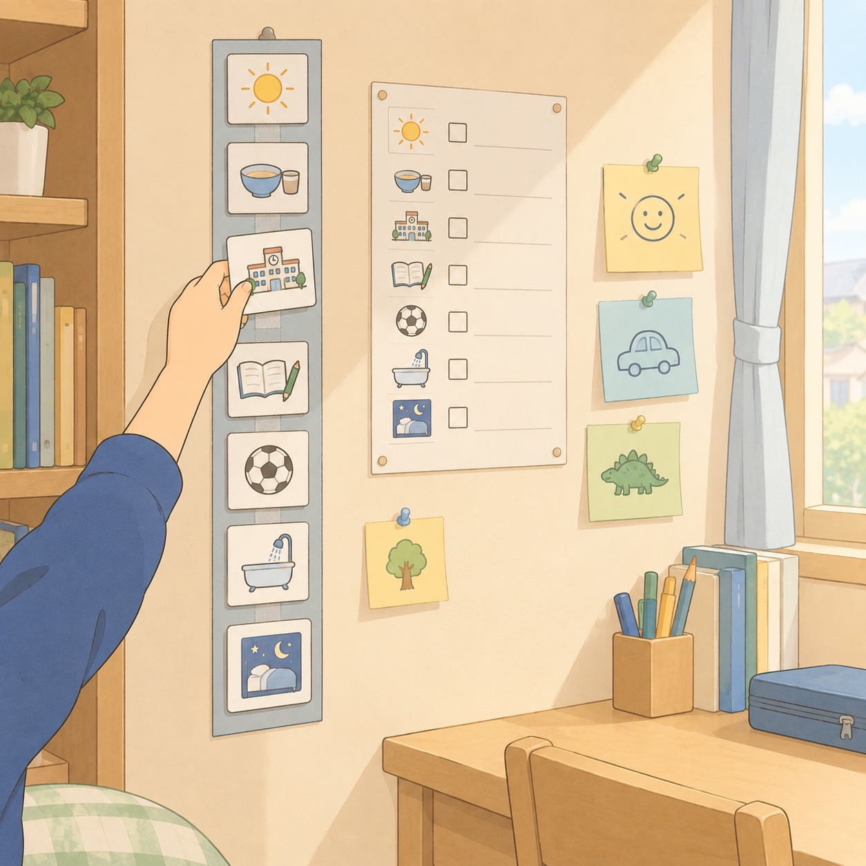 子ども部屋の壁。絵カードの予定表とチェックリスト、カードを動かす手