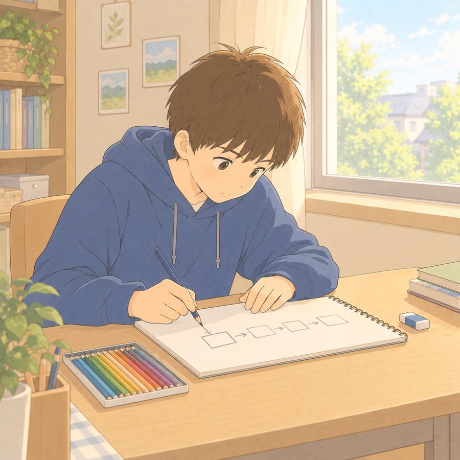 スケッチブックに順番に四角と矢印を描く中学生のイラスト
