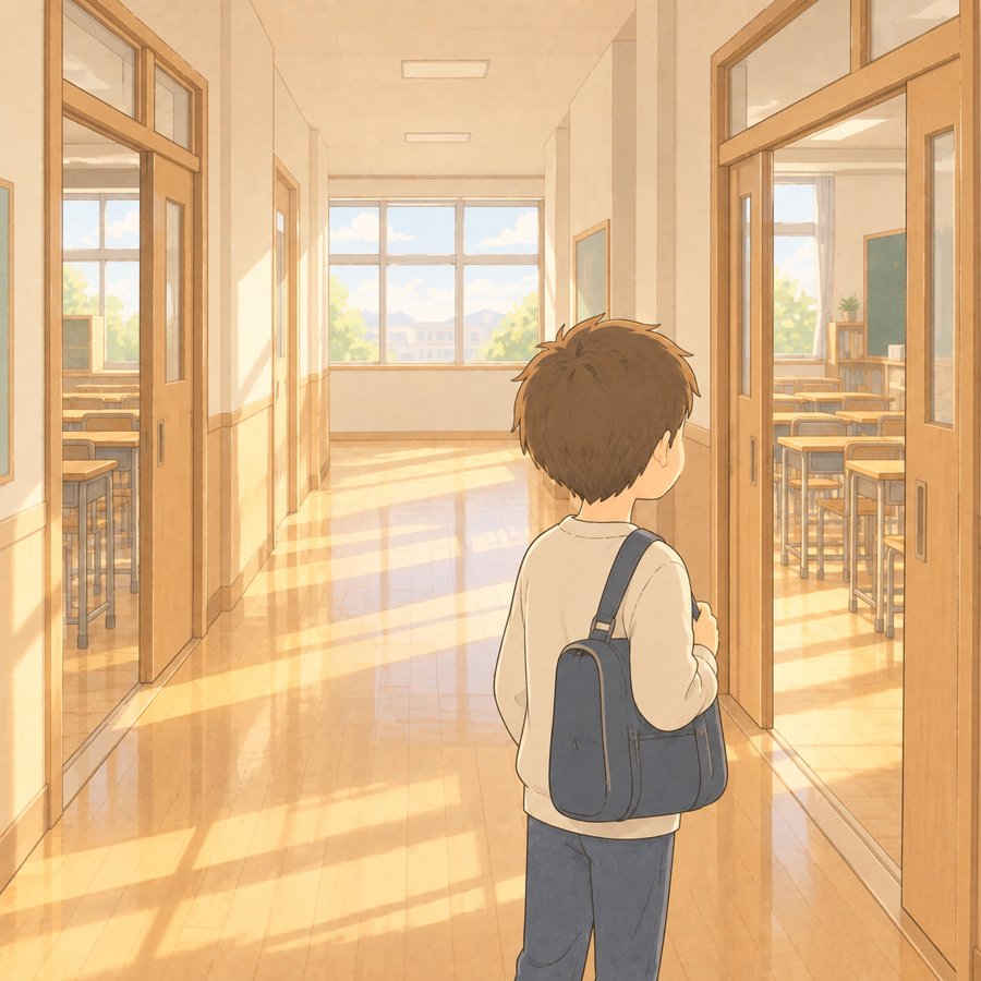 支援級と通常級、2つの教室の間の廊下に立つ小学生のイラスト