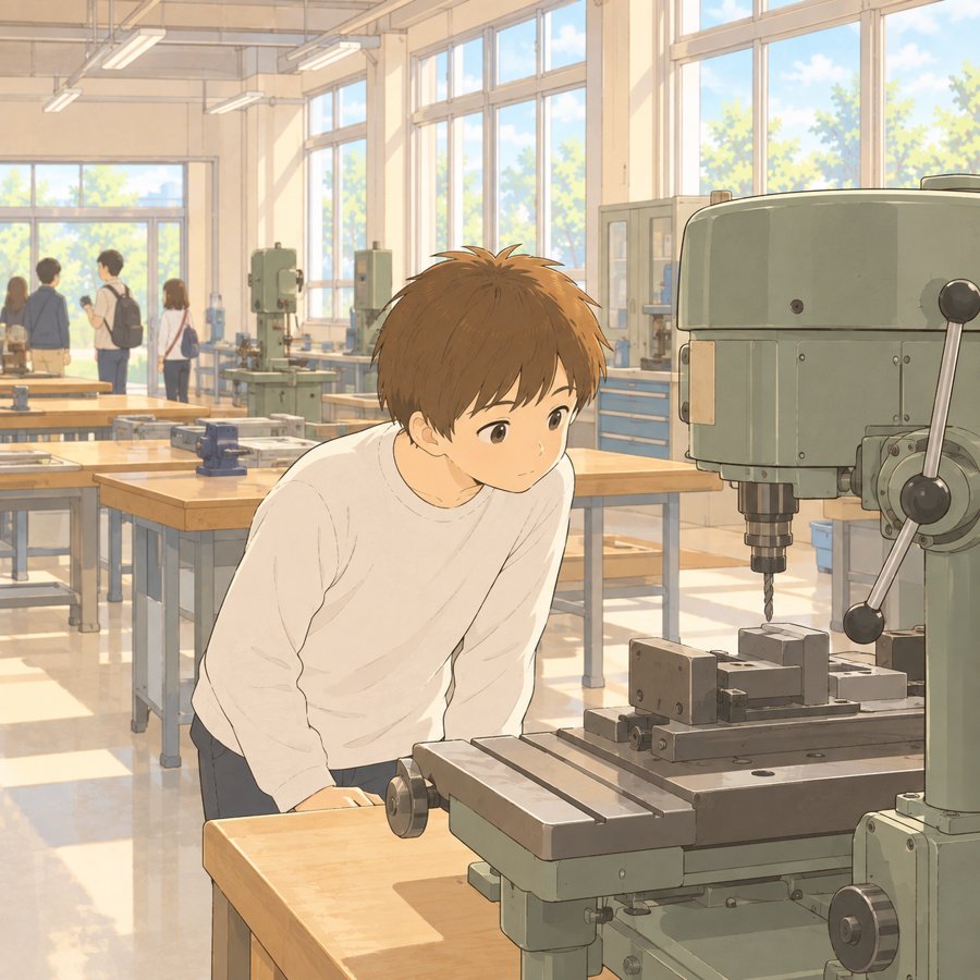 高専のオープンキャンパスで実習室の工作機械を見る中学生のイラスト