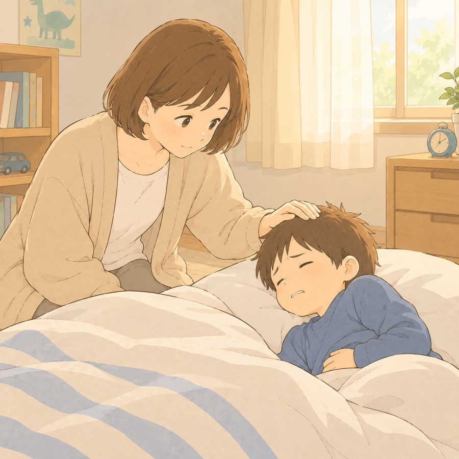 朝、布団でお腹が痛いと訴える子とそばで見守る母のイラスト