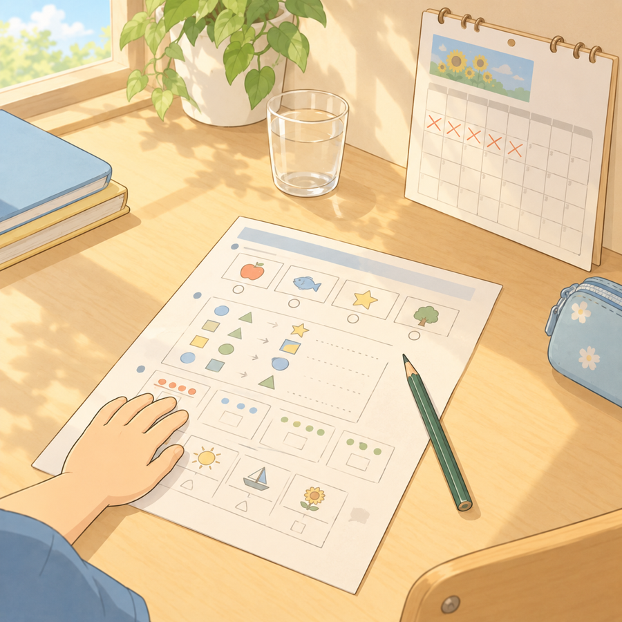 夏の机。終わった1枚のドリルと、1日ずつ×をつけたカレンダー