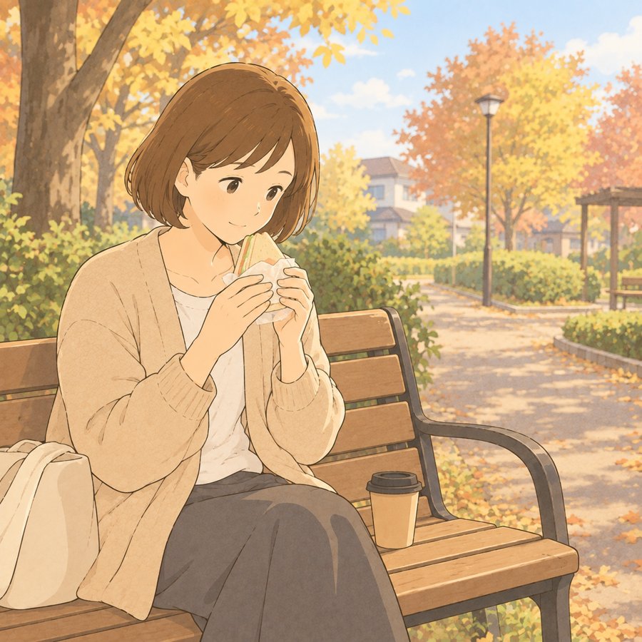 平日の公園のベンチで一人で休憩する母のイラスト