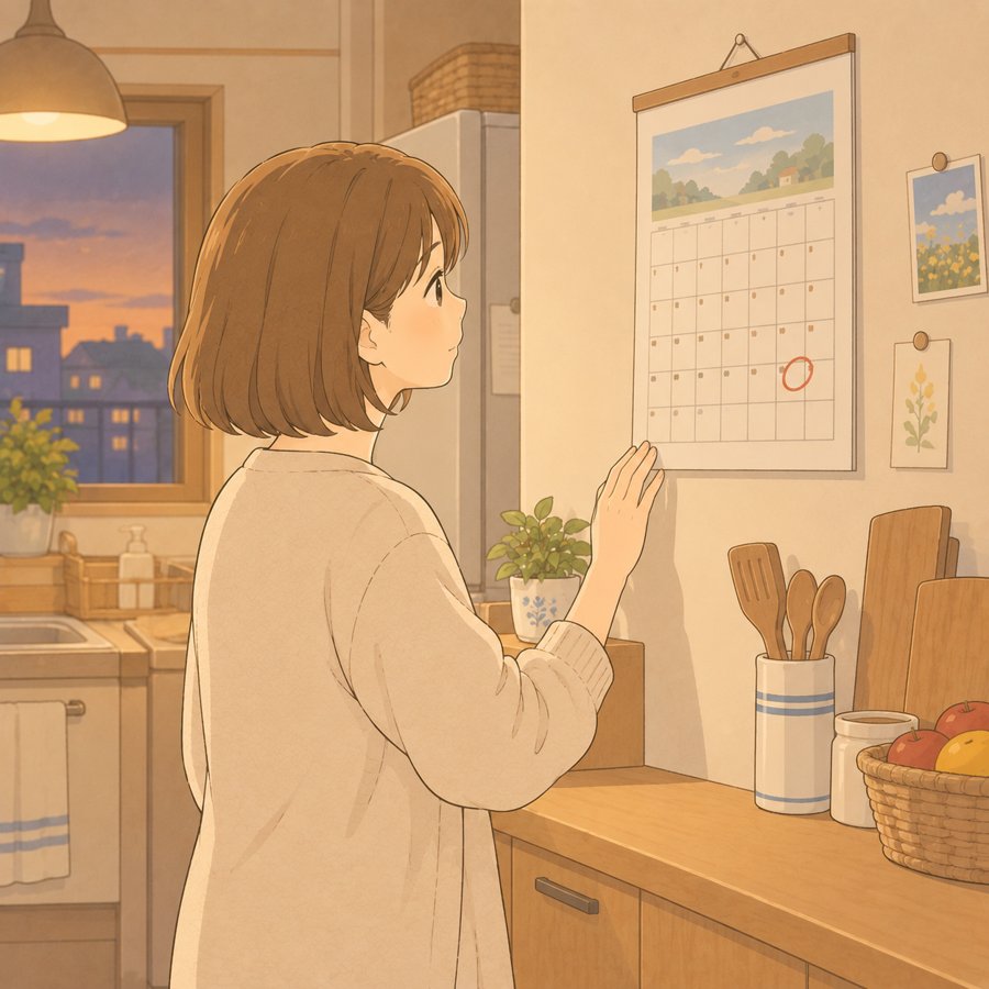 先の日付に印をつけたカレンダーを見る母のイラスト