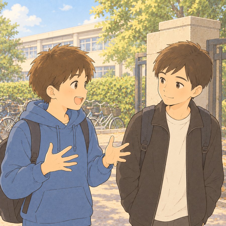 校門の前で友達に話を聞いてもらう中学生のイラスト