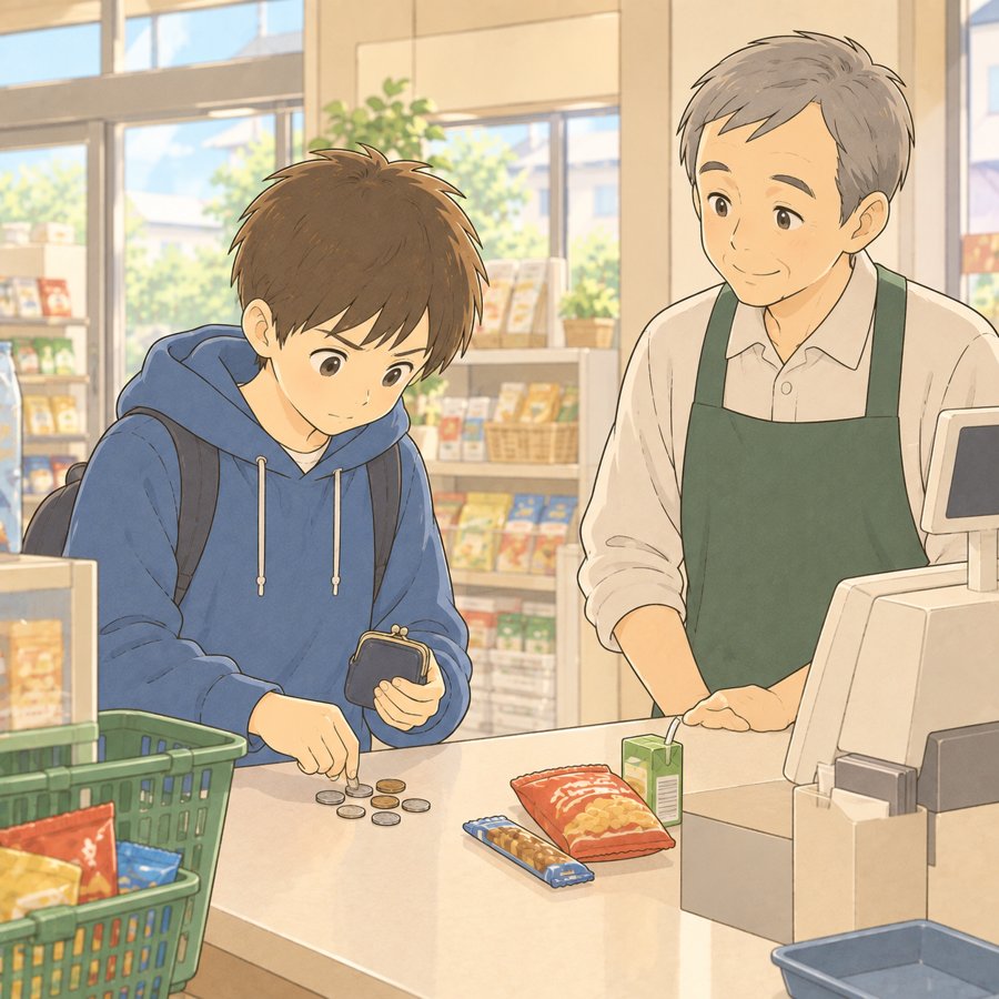 スーパーのレジで小銭を数えて支払う中学生のイラスト
